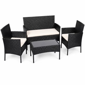 Set Mobilier Gradina Technoratan Premium, 4 Piese pentru Terasa Balcon si Gradina, Canapea + Fotolii + Masa cu Sticla Securizata, Perne Groase Impermeabile, Negru