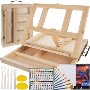 Set pictura EBA Painting Suitcase, 46 piese, Valiza lemn Tip Sevalet, 9 pensule, caiet schite, panza canvas, 24 acuarele, Maro