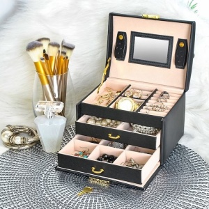 Cutie Bijuterii EBA, calitate premium, pentru Ceasuri sau Accesorii, 20 de Compartimente, Oglinda si Inchidere cu Cheie, Negru
