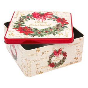 Cutie metalica pentru depozitare EBA, Merry Christmas, dimensiuni 17.7 x 17.7 x 8.5 cm