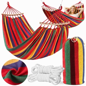 Hamac De Gradina 2 Persoane, eBA®, XXL 250x150 Cm, 200 Kg, Bare Lemn, Material Rezistent, Cu Husa, Usor De Montat, Ideal Pentru Curte, Camping, Balcon, Interior Si Exterior, Multicolor