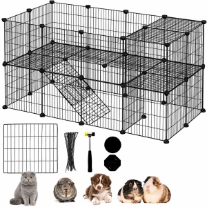 Tarc Modular eBA® PREMIUM pentru Animale Mici 71x143x73 cm, Cusca Metalica Extensibila pentru Iepuri, Cobai, Pisici, Caini si Catei, 36 Panouri, Montaj Rapid, Spatiu de Joaca Interior/Exterior, Negru