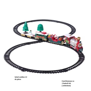Trenulet jucarie de Craciun EBA, 22 de piese si accesorii, Lungime totala 260 cm, Functioneaza cu 2 baterii AA (neincluse)