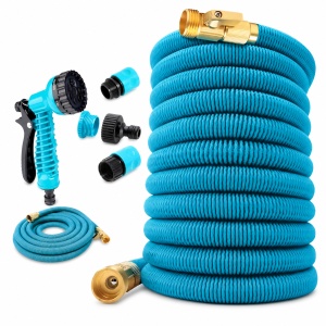 Furtun de gradina extensibil 5-15 m EBA, pistol de stropit cu 8 functii, conectori metalici, latex 3 straturi, anti-rasucire, albastru