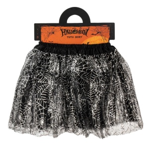 Fusta tutu Halloween copii EBA, 3 straturi tul negru, panza de paianjen argintie, 23 - 40 cm