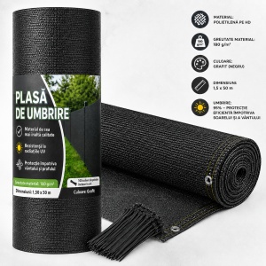 Plasa de Umbrire Gard 1,5x50m HDPE 95% Grad de Umbrire , 180g/mp, Protectie UV si Vant, Paravan Intimitate pentru Curte, Gradina, Balcon, Terasa, Pergola si Schela, Grafit, 100 Coliere Incluse