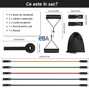 Set antrenament extensor cu 11 accesorii EBA, 5 benzi tubulare elastice, 2 manere, 2 chingi picioare, ancora usa, 150 lbs