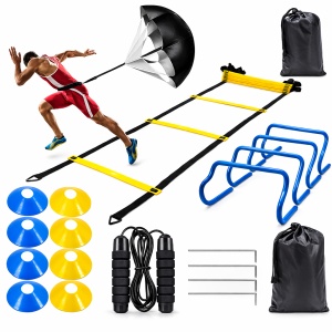 Set antrenament fotbal profesional 20 piese – Scara agilitate 6 m, conuri antrenament, obstacole sarit, parasuta viteza, coarda sarit, kit antrenament coordonare si viteza