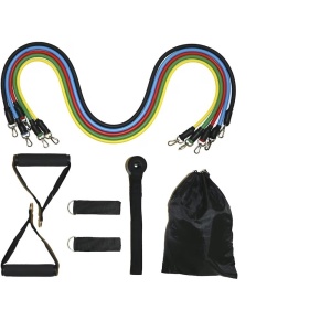 Set de antrenament EBA, 10 Piese, 5 benzi Elastice Extensibile din Latex + 5 Accesorii, saculet pentru pastrare