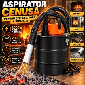 Aspirator de Cenusa 2000W, Rezervor Metalic 20L, Filtru HEPA, Aspirare Puternica ≥15.5 kPa, Duza Aluminiu, pentru Seminee si Sobe