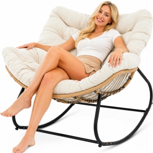 Balansoar de Gradina cu Perna Confortabila, Scaun Balansoar Tip Cuib pentru Relaxare, Terasa, Balcon, Living si Dormitor, Cadru Metalic Stabil, Technoratan Premium, Crem/Negru