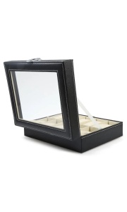Cutie ceasuri EBA, 10 compartimente, Interior catifelat, dimensiuni 20.5 x 25.5 x 7.5 cm, Negru