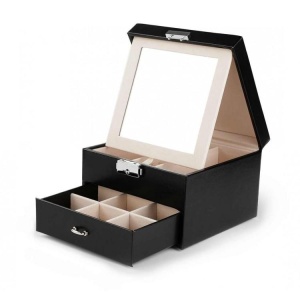 Cutie de Bijuterii Luxury EBA, Piele Ecologica, Sertar si Oglinda, Interior Catifea, 12 Compartimente, 16 x 16 x 11 cm, Negru-Crem