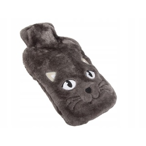 Perna pentru apa calda EBA, capacitate 2 l, din cauciuc, cu husa pufoasa, model pisicuta, 35 x 20 cm, Gri