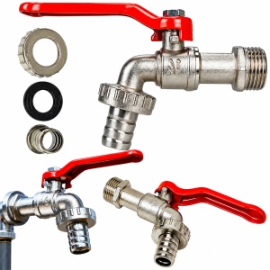 Robinet cu Bila 1/2" – 3/4" pentru Rezervor IBC Mauser, Butoi si Canistra Apa, Alama Nichelata, Robinet Apa Gradina cu Racord Furtun, Etansare Premium, Rezistent la Coroziune