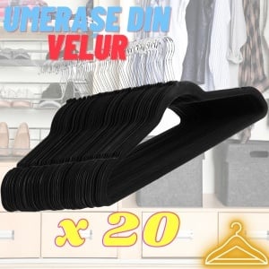 Set de 20 umerase de catifea EBA, negre, cu carlig rotativ 360 grade, cu 2 decupaje, forma rotunjita, 43 x 22 cm, rezistente