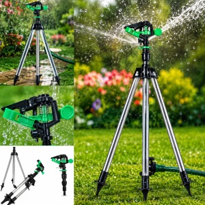 Aspersor Rotativ Gradina cu 3 Brate pe Trepied, 90 cm, Udare 360°, Raza pana la 12 m, Reglabil pe Inaltime, ABS + Otel Inoxidabil, Sistem Irigare pentru Gazon, Flori si Legume