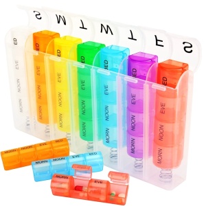 Organizator Medicamente pentru 7 zile EBA, Recipiente Detasabile Cu 4 Compartimente, 19.5cm x 11cm x 3cm, Multicolor