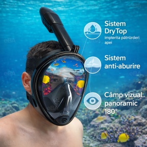 Masca snorkeling full face copii si adolescenti, vizor 180°, anti aburire, snorkel DryTop, respiratie nas si gura, masca scufundari snorkeling cu husa transport