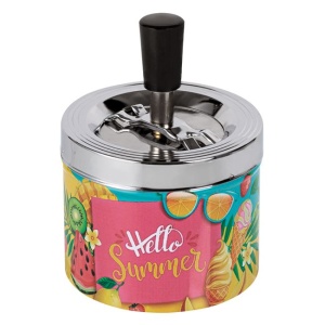 Scrumiera metalica cu capac anti vant Hello Summer, EBA, Multicolor, dimensiuni 9 x 14 cm