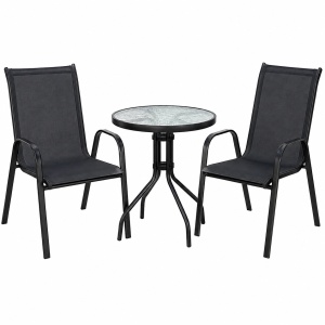 Set Mobilier Gradina si Balcon 2 Scaune + Masa cu Sticla Securizata, Cadru Otel Vopsit Electrostatic, Scaune Suprapozabile, Textilena Premium, Rezistent Exterior, Negru, Terasa Curte Cafenea
