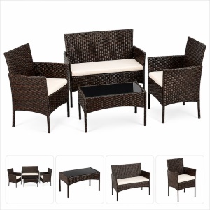 Set Mobilier Terasa si Gradina Technoratan Premium Maro, Canapea 2 Locuri + 2 Fotolii + Masa Cafea cu Sticla Securizata, Mobilier Exterior pentru Balcon Curte si Foisor
