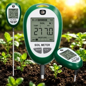 Tester Sol Digital 4 in 1 cu ecran LCD iluminat, Masurare pH Sol, Umiditate, Temperatura si Lumina, Sonda 304 mm, Rotire 180°, pentru Gradina, Ghivece, Rasaduri si Plante de Interior