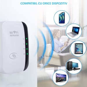 Amplificator de semnal Wi-fi EBA, port LAN, WPS, 300 Mbps, 2.4GHz WLAN, 802.11n b.g., antene integrate, Alb-Negru