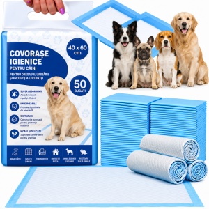 Covorase Absorbante pentru Caini si Pisici 40x60 cm, 50 Bucati, Absorbtie Rapida, Impermeabile, Pentru Dresaj Urinare, Protectie Podea si Cusca