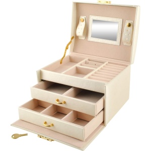 Cutie Bijuterii EBA, calitate premium, pentru Ceasuri sau Accesorii, 20 de Compartimente, Oglinda si Inchidere cu Cheie, Bej