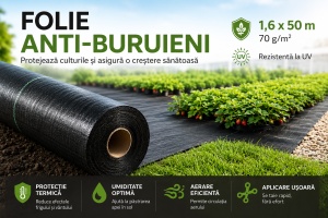 Folie Agrotextil 1.6m X 50m, 70g/m² Antiburuieni, Mulcire, Filtru UV, Negru – Ideal pentru Gradina & Sere