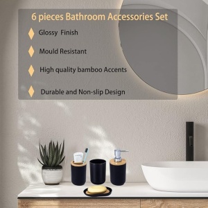 Set Accesorii Baie Premium Bambus EBA, 6 Piese, Cos Gunoi, Dozator Sapun, Pahar Periuta, Savoniera, Perie WC, Pahar, Negru