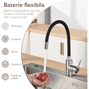 Baterie Chiuveta Bucatarie EBA, Inox, Pipa Inalta, Cartus Ceramic, Monocomanda, Racorduri Incluse, Rotativa 360 grade, Negru