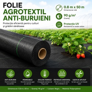 Folie Agrotextil 0.8m x 50m, 90g/m² Antiburuieni, Mulcire, Filtru UV, Negru – Ideal pentru Gradina & Sere