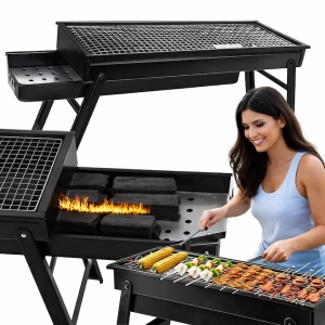 Gratar portabil pliabil pe carbune, gratar camping BBQ, compact si usor de transportat, pentru gradina, picnic si balcon, negru 60x32x22 cm
