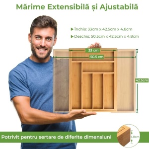Organizator Premium din Bambus EBA, pentru Tacamuri si Ustensile pentru Bucatarie, 8 compartimente extensibile intre 33-55 cm