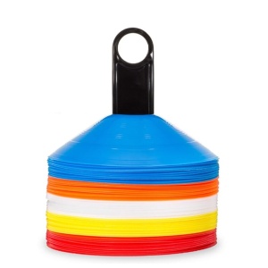 Set 50 jaloane tip con, EBA, pentru antrenamente sportive, PVC flexibil multicolor, cu suport si Geanta din plasa, Multicolor