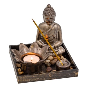Suport Buddha cu lumanari si betisoare parfumate, decoratiuni pietricele si tava, 15 x 15 cm, EBA, Gri