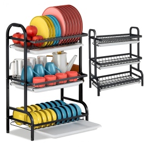 Uscator de vase pliabil EBA XXL, 3 niveluri, Suport compact cu tavi de scurgere, Ideal pentru bucatarie, Negru