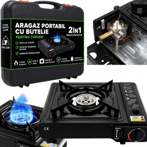 Aragaz Portabil Camping 2 in 1, 2500W, Compatibil Cartus si Butelie Gaz, Aprindere Piezoelectrica, Reglaj Flacara, Valiza Transport Inclusa, Aragaz Turistic pentru Camping, Pescuit si Drumetii