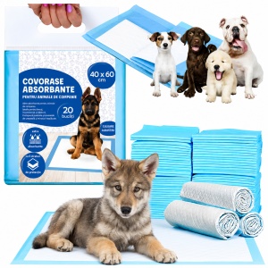 Covorase Igienice Absorbante pentru Caini si Pisici 40x60 cm, Set 20 Buc, 5 Straturi, Super Absorbante, Impermeabile, Pentru Dresaj, Cusca, Transport si Protectie Podea