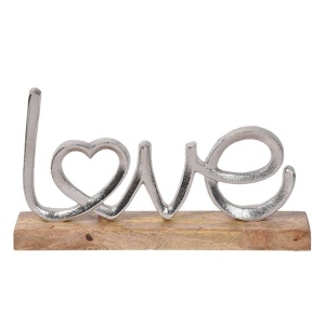 Decoratiune Metalica "Love", Argintie cu Baza din Lemn, dimensiuni 31.5 x 5 x 18 cm, EBA
