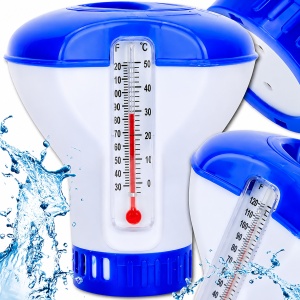 Dispenser Tablete Clor pentru Piscina cu Termometru Integrat 2 in 1, Dozator Plutitor Reglabil 5 Trepte, pentru Tablete 20 g, Piscina, Jacuzzi si SPA