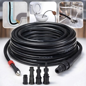 Furtun desfundare canalizare 15m, 160 bar, furtun curatare tevi si scurgeri, compatibil aparat presiune, set adaptoare, desfundare WC chiuveta, jet apa profesional