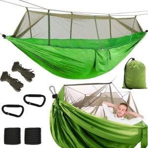 Hamac portabil suspendat pentru 2 persoane EBA, plasa pentru umbrire si tantari 250 x 140 cm, Capacitate 150 kg, Nylon, Verde