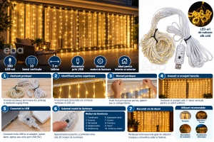 Perdea Luminoasa LED 300 LED-uri, 3 m, 10 Benzi, Lumina Alb Cald, Alimentare USB, Multiple Moduri de Iluminare, Instalatie Decorativa pentru Geam, Perete, Craciun si Petreceri