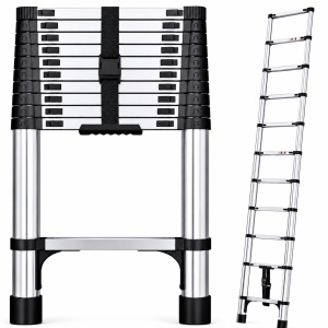 Scara Telescopica Profesionala 3.2 m, 11 Trepte, Inox, 150 kg, Antiderapanta, Pliabila Compact 82 cm, Blocare Automata de Siguranta, pentru Lucrari la Inaltime