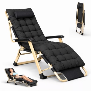 Sezlong pliabil reglabil cu perna groasa 6 cm, cadru otel, confort premium exterior, negru cu rama aurie, terasa, gradina, plaja, camping – EBA