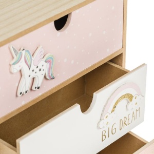 Cutie Decorativa cu Sertare din Lemn 3D Rainbow & Unicorn, EBA, dimensiuni 21 x 10 x 27 cm