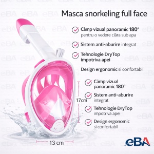 Masca snorkeling copii fata completa S/M, vizor panoramic 180°, sistem DryTop anti-inundare, anti-aburire, snorkel pliabil, pentru piscina si mare, roz alb